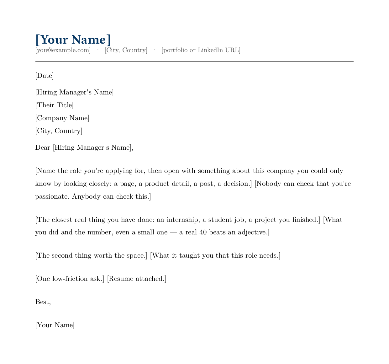 Blank early-career cover letter template: the opening prompt asks for a specific detail about the company you could only know by looking closely, then prompts for an internship, student job or finished project, the first of them with a number attached
